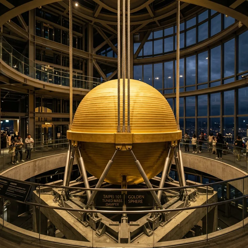 El Péndulo Dorado de Taipei 101: La Esfera de 660 Toneladas que Salva al Rascacielos de Terremotos y Tifones